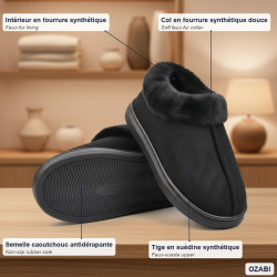 OZABI Pantoufles Fermées Femme, Chausson Suédine Synthétique, Col Fourrure Synthétique, Intérieur Fourrure, Semelle Caoutchouc A
