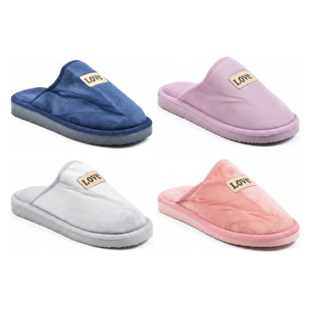 OZABI Pantoufles Ouvertes Femme Fantaisie, Pack de 2 Paires, Tige Textile Éponge Unie, Passepoil, Plaquette Love, Semelle Mousse