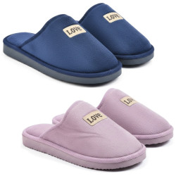 OZABI Pantoufles Ouvertes Femme Fantaisie, Pack de 2 Paires, Tige Textile Éponge Unie, Passepoil, Plaquette Love, Semelle Mousse