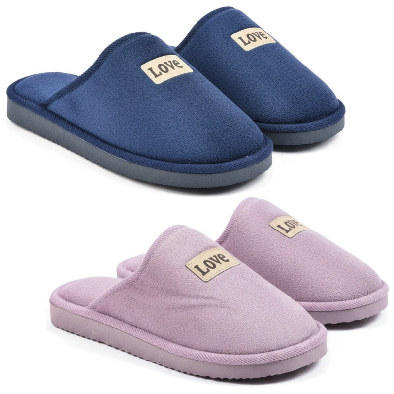 OZABI Pantoufles Ouvertes Femme Fantaisie, Pack de 2 Paires, Tige Textile Éponge Unie, Passepoil, Plaquette Love, Semelle Mousse