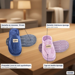 OZABI Pantoufles Ouvertes Femme Fantaisie, Pack de 2 Paires, Tige Textile Éponge Unie, Passepoil, Plaquette Love, Semelle Mousse