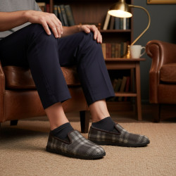 OZABI Pantoufles Charentaises Homme Fourrées, Tige Textile à Carreaux, Semelle Intérieure Amovible, Semelle Caoutchouc Antidérap
