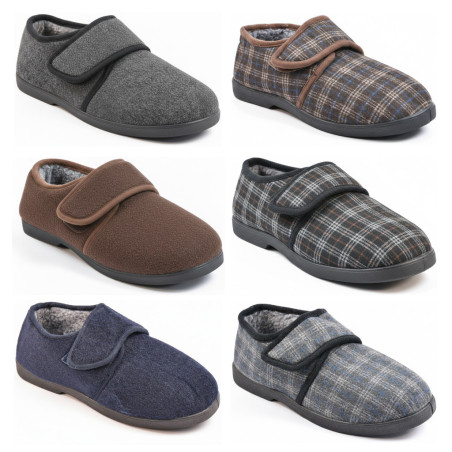 OZABI Pantoufles Charentaises Homme Fourrées, Fermeture Auto-Agrippante, Tige Textile Unie ou à Carreaux, Semelle Caoutchouc