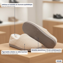 OZABI Pantoufles Chaussons Homme Fourrés, Tige Textile Côtelée ou Effet Fourrure, Semelle Caoutchouc Antidérapante