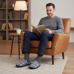 OZABI Pantoufles Ouvertes Homme Antidérapantes, Tige Jacquard Écossais, Intérieur Fourrure Synthétique Éponge, Semelle Caoutchou