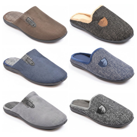 OZABI Pantoufles Ouvertes Homme Antidérapantes, Tige Textile avec Détail Pied de Poule ou Patch Brodé, Semelle Caoutchouc