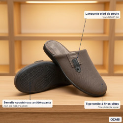 OZABI Pantoufles Ouvertes Homme Antidérapantes, Tige Textile avec Détail Pied de Poule ou Patch Brodé, Semelle Caoutchouc