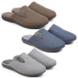 OZABI Pantoufles Ouvertes Homme Antidérapantes, Tige Textile avec Détail Pied de Poule ou Patch Brodé, Semelle Caoutchouc