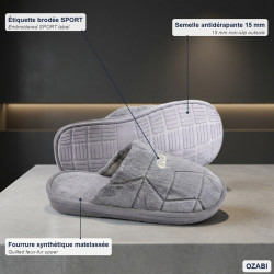 OZABI Pantoufles Ouvertes Homme Antidérapantes, Style Sport Brodé, Tige Fourrure Synthétique Matelassée, Semelle Caoutchouc Rigi